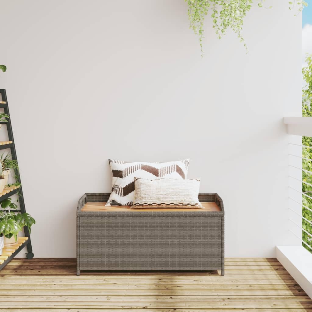 LAPOOH Banc de rangement pour jardin gris, 100 x 50 x 52 cm, polyrotin Acacia, banc d'extérieur avec conteneur