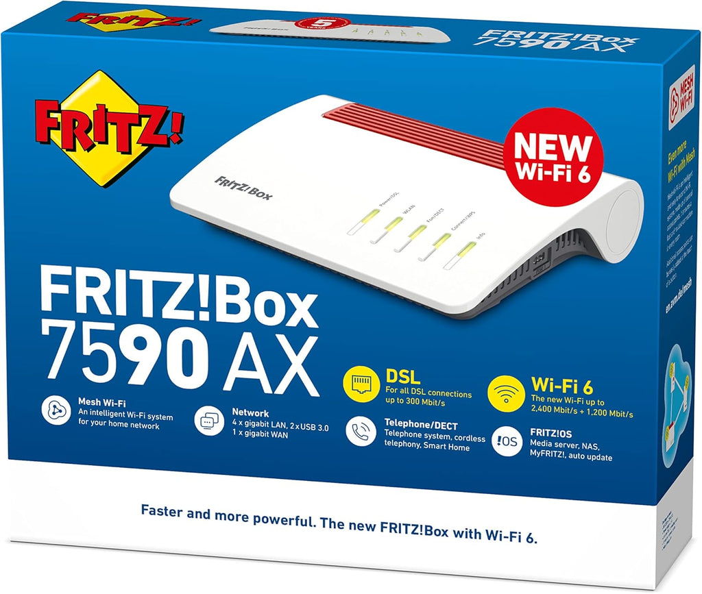 AVM Fritz!Box 7590 AX Edition (Routeur Wi-FI 6, 2400 Mbps (5 GHz) & 1200 Mbps (2,4 GHz), y Compris clé USB SanDisk, Mesh Wi-FI, Base DECT)
