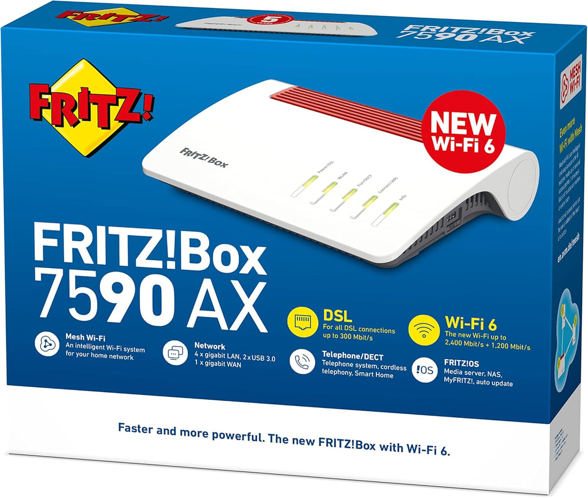 AVM Fritz!Box 7590 AX Edition (Routeur Wi-FI 6, 2400 Mbps (5 GHz) & 1200 Mbps (2,4 GHz), y Compris clé USB SanDisk, Mesh Wi-FI, Base DECT)