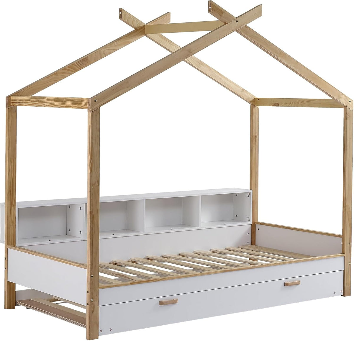 I0I&I0I Ensemble de chambre d'enfant - Blanc + naturel - Lit de maison + table de chevet + commode - MDF + pin (205 x 202 x 187,5 cm)