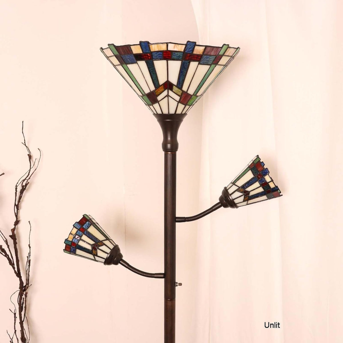 Bieye Lampadaire torche style Tiffany à 3 lumières avec lampes de lecture réglables pour salon, 178 cm de hauteur Blanc, Mission
