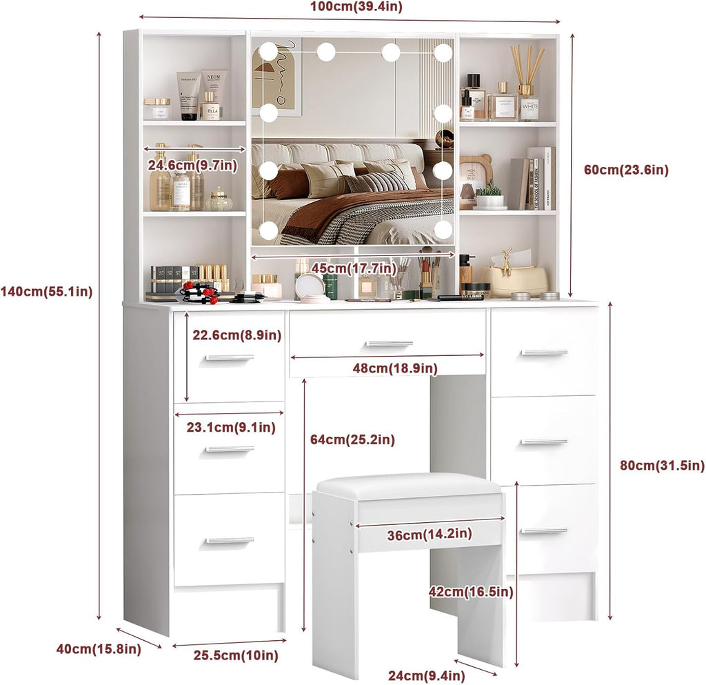 Buildonely Grande coiffeuse avec tabouret, miroir et éclairage, 3 températures de couleur avec luminosité réglable, table cosmétique avec 7 tiroirs, 40 x 100 x 140 cm, SD5210