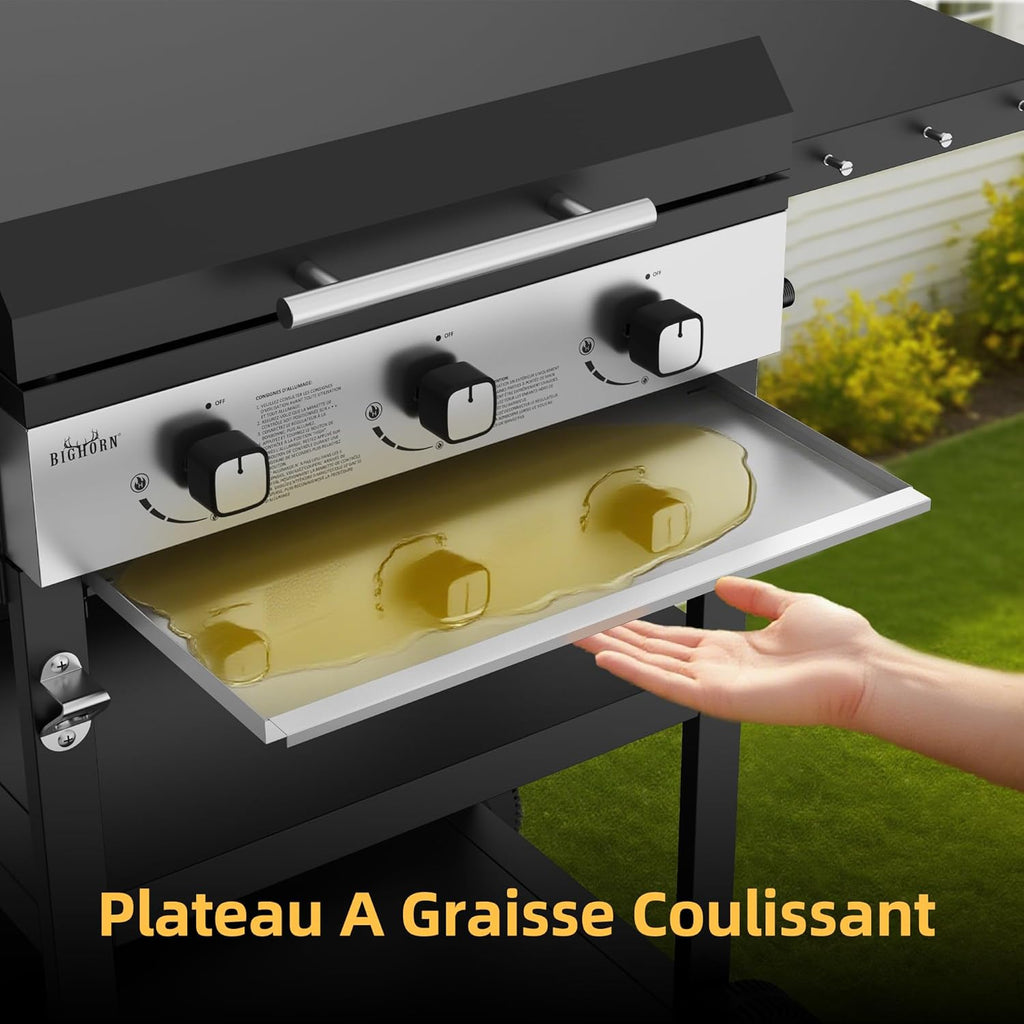 BIGHORN Plancha gaz de 3 brûleurs avec chariot et couvercle;7.2kw