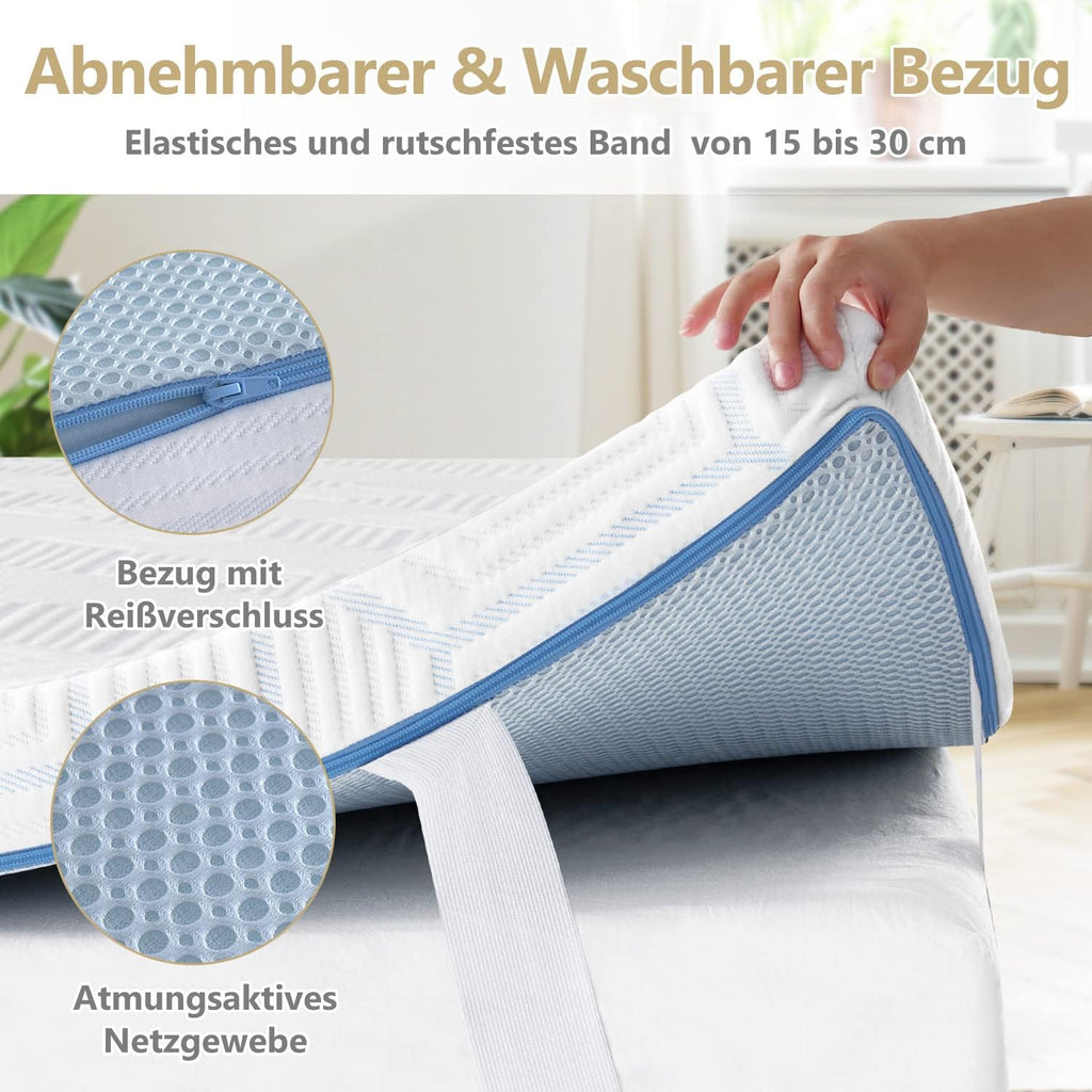 BedStory Surmatelas en gel à mémoire de forme - 200 x 200 cm - Hauteur 7,5 cm - Dureté H2 et H3 - Pour lit à sommier tapissier, caravane, canapé-lit - Avec housse amovible et lavable