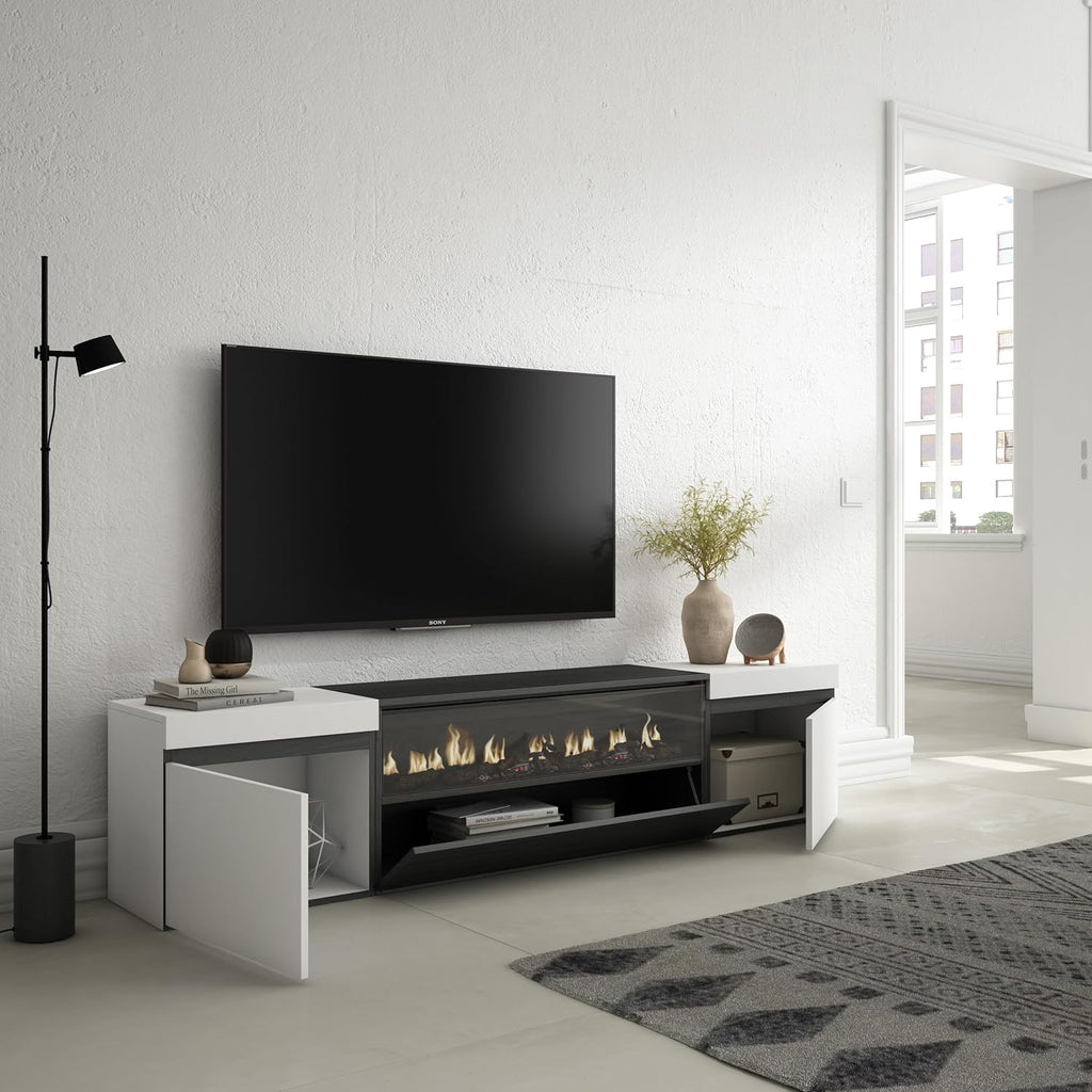 Skraut Home | Meuble TV | Banc Télé | Grand Espace de Rangement | 200x45x35cm | pour Les TV jusqu'à 80" | Cheminée électrique | Style Moderne | Blanc et Noir