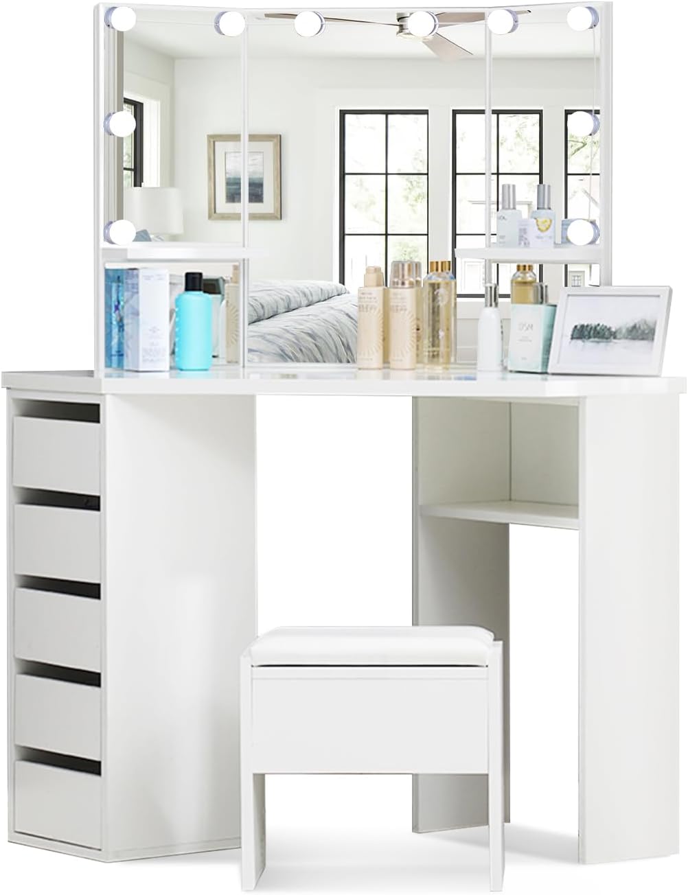 LEMROE Coiffeuse d'angle avec Miroir à LED Réglable, Table de Maquillage avec 5 Tiroirs et Tabouret - Coiffeuse avec 3 Miroirs et Grand Espace de Rangement