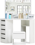 LEMROE Coiffeuse d'angle avec Miroir à LED Réglable, Table de Maquillage avec 5 Tiroirs et Tabouret - Coiffeuse avec 3 Miroirs et Grand Espace de Rangement