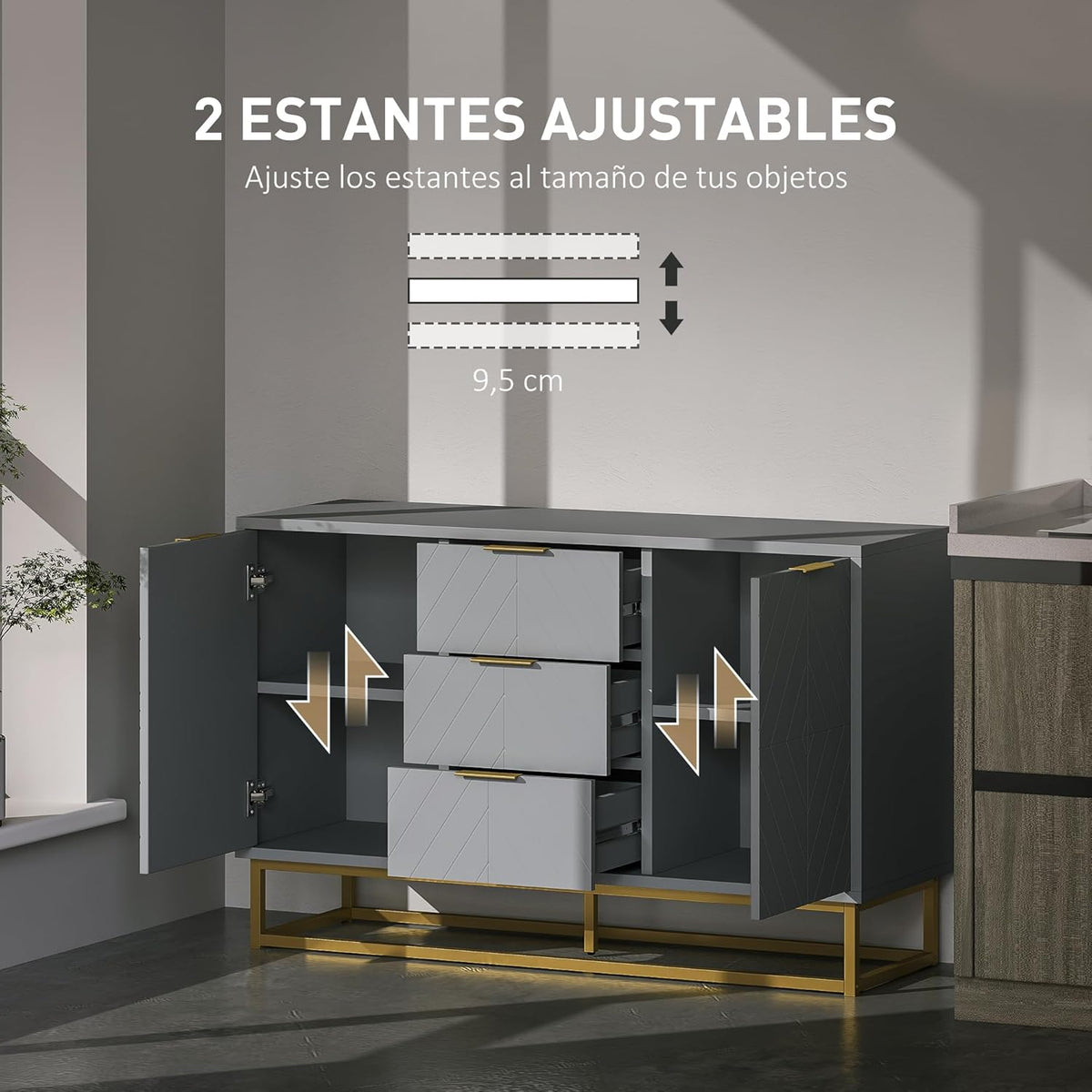 HOMCOM Buffet moderne pour salon avec 3 tiroirs, 2 portes et étagère réglable, pour salon, anti-renversement, 120 x 40 x 76 cm, gris