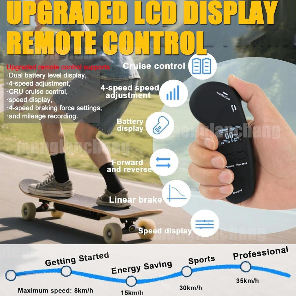 menglanchang Longboard éLectrique avec TéLéCommande:Vitesse Maximale 20/25Km/H,Autonomie 8/15/22/30km,4 Vitesses,Roues Absorbant Chocs Et PoignéE Transport,Skateboard éLectrique pour Campus,Ville 8km