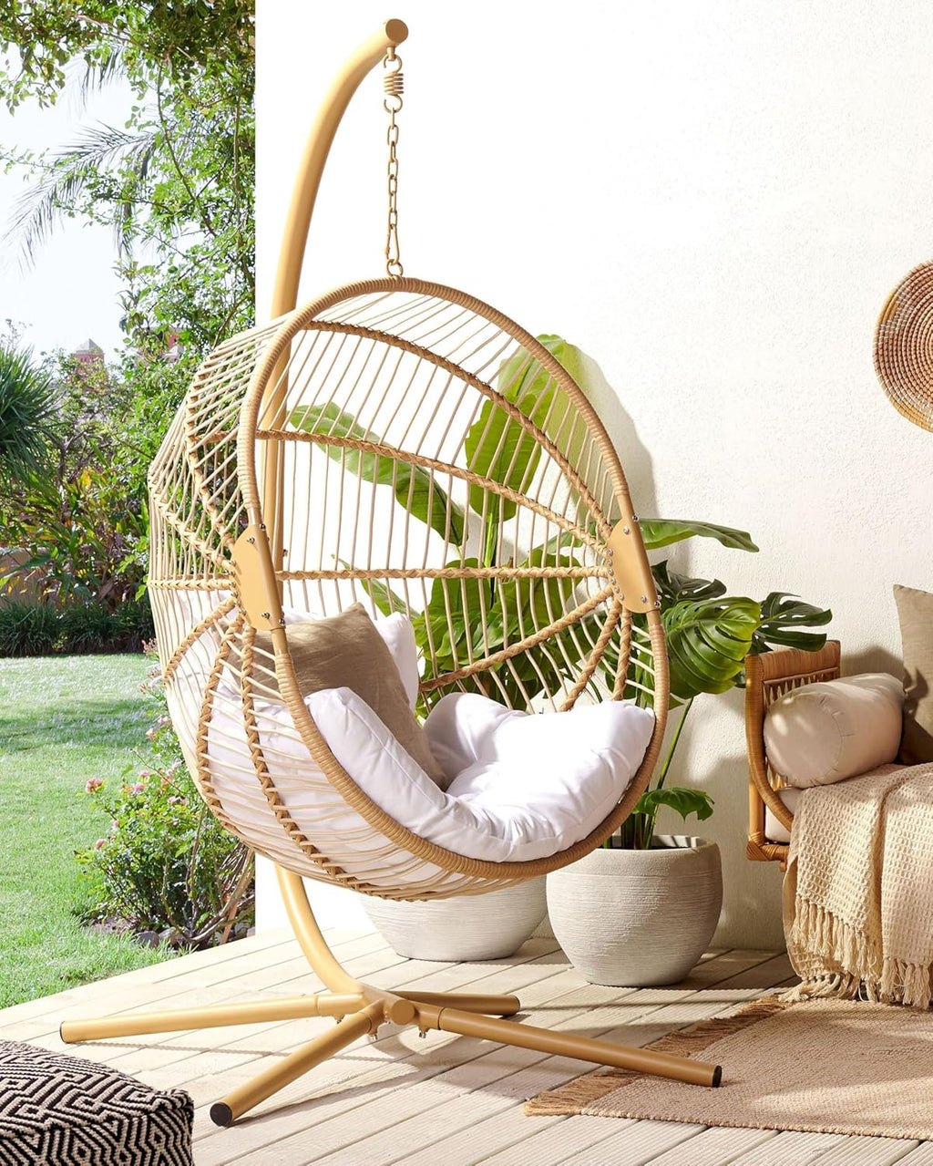 Fauteuil Suspendu en Polyrotin Beige avec Support en Métal Intérieur Extérieur Acri