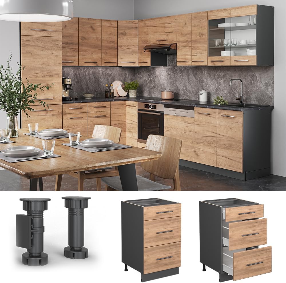 Vicco Meuble Cuisine Fame-Line, Chêne de Force doré/Anthracite, 50 cm sans Plan de Travail