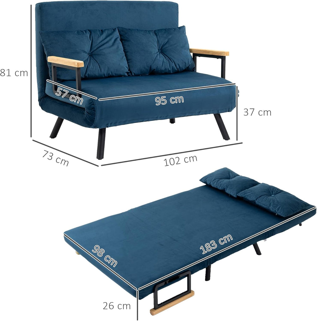 HOMCOM Canapé Convertible 2 Places 4 en 1, canapé-lit avec Dossier réglable sur 5 Niveaux, 2 Coussins et siège rembourré, Tissu Effet Velours, pour Salon, Chambre d'amis, Petit Espace, Bleu