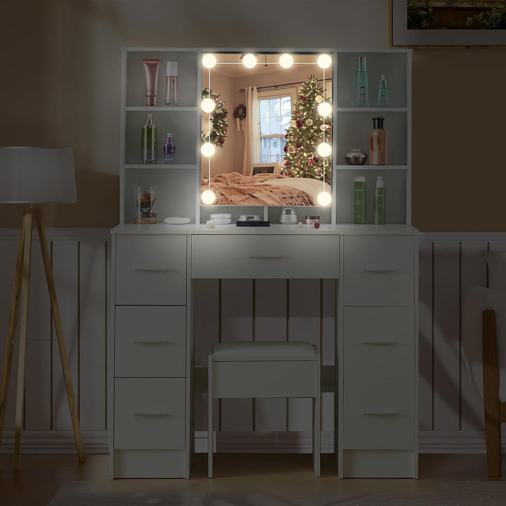 Buildonely Grande coiffeuse avec éclairage et tabouret, 100 x 40 x 140 cm, 3 températures de couleur et luminosité réglable, coiffeuse avec miroir, moderne, blanche 2 poignées