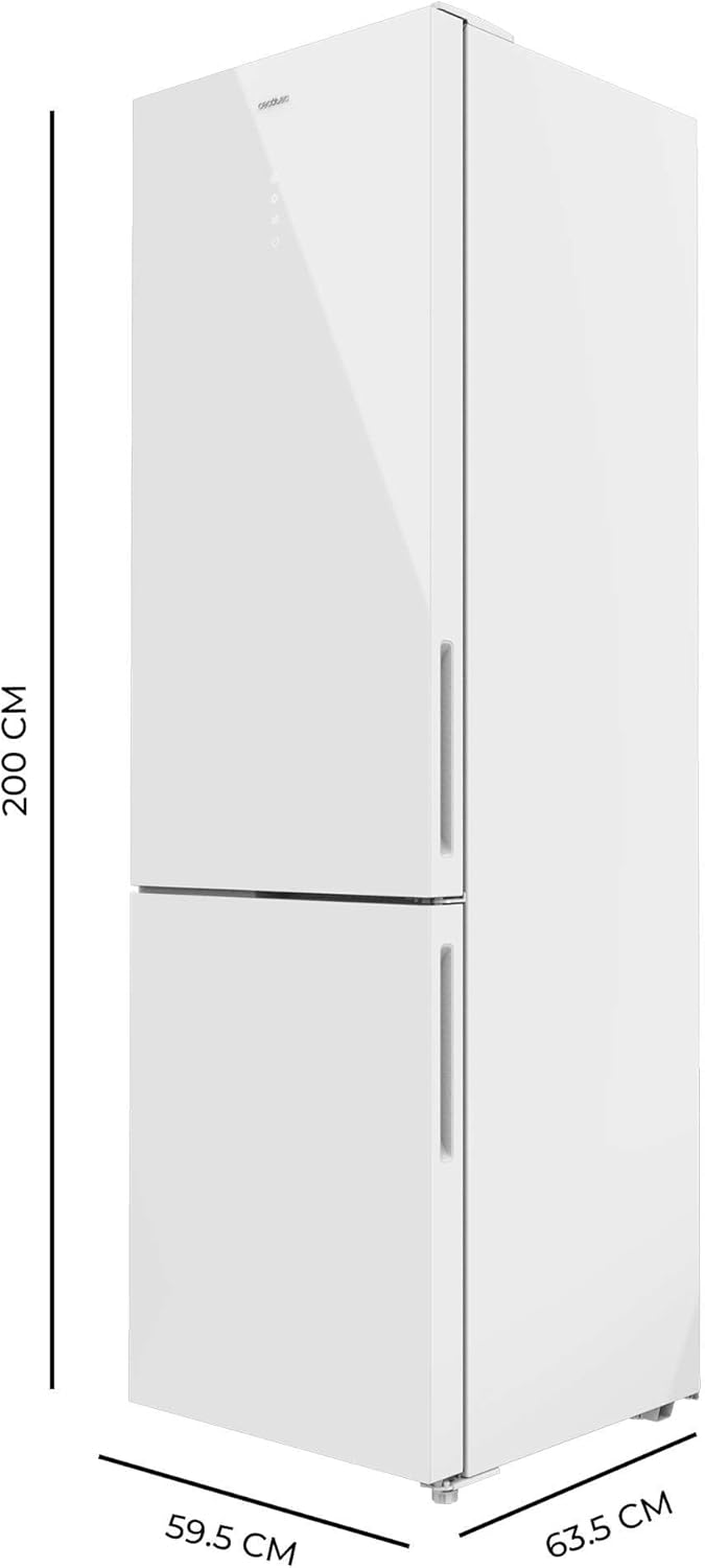 Cecotec Réfrigérateur combiné Bolero CoolMarket Combi 356 White Glass E. 356L, Total No Frost, Multi Airflow, Mode Vacances, Humidity Box, porte réversible, alarme de porte.