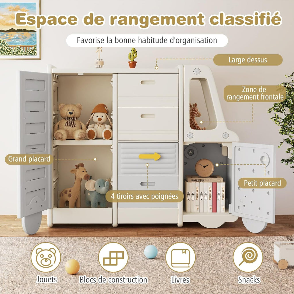 COSTWAY Meuble de Rangement Jouet Enfant en Forme Bus avec 4 Tiroirs & 3 Placards, Étagère de Rangement Jouet en HDPE avec Tableau Blanc, Bibliothèque Enfant de 3 Ans+ pour Salle de Jeux Chambre Salon