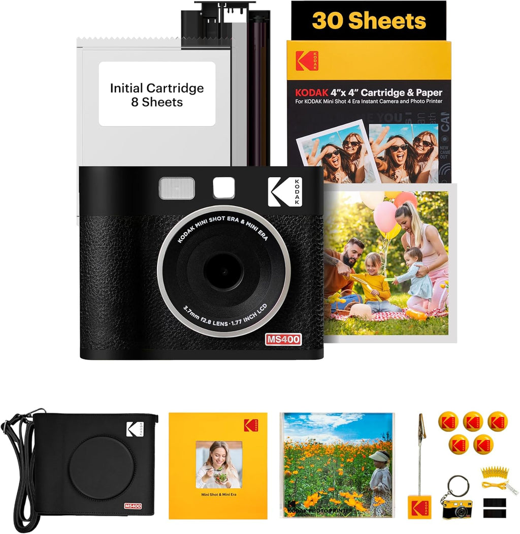 KODAK Mini Shot 4 Era Cadeau Noel 4PASS 2-in-1 Appareil Photo Instantané et Imprimante Photo Portable 10x10cm Lot Accessoire avec 68 Feuilles, Noir