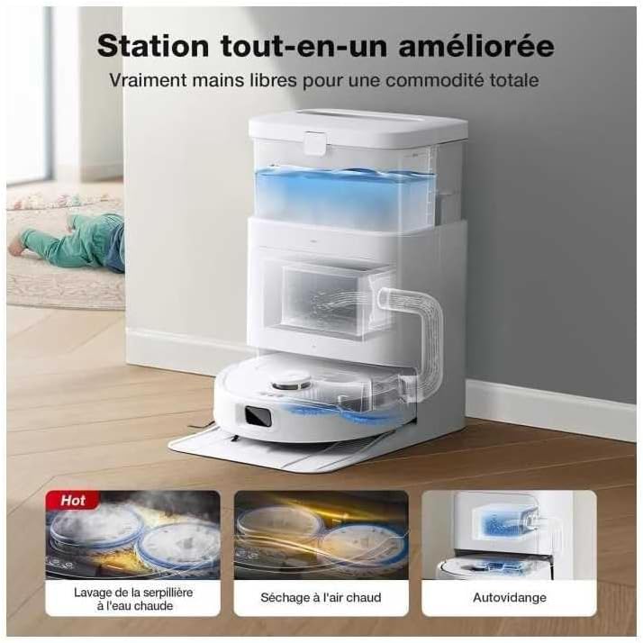 ECOVACS N30 PRO OMNI Aspirateur Robot avec Station OMNI tout-en-un, 10000Pa, Robot Aspirateur Laveur avec Brosse ZeroTangle 2.0, Nettoyage à l'eau chaude 60℃, Nettoyage Humide adaptatif TruEdge, Blanc