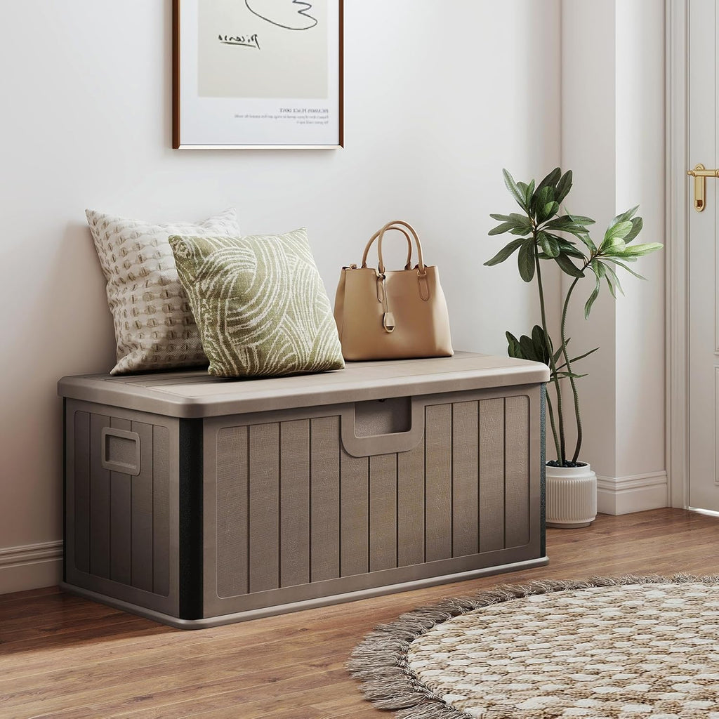 HOMASIS 378L Coffre de Rangement Imperméable, Banc de Rangement en Résine avec Couvercle Verrouillable, Armoire de Jardin pour Intérieur et Extérieur, Charge 200 KG, 130 x 64 x 59 cm (marron)