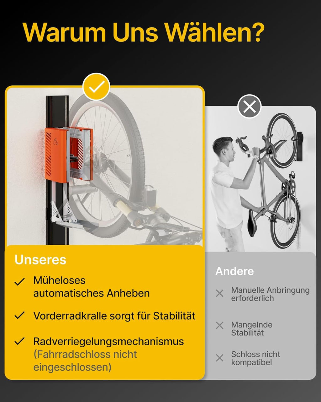 monTEK Porte-vélo automatique – Porte-vélo vertical pour vélos lourds (jusqu’à 32 kg) – Montage simple, support mural peu encombrant pour garage, remise, appartement – Pour pneus 24-29", vélos
