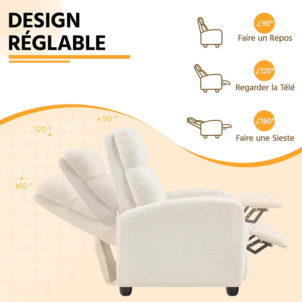 Yaheetech Fauteuil de Relaxation Chaise de Détente Siège de Canapé Fauteuil en Tissu Bouclette Doux avec Repose Pied/Chambre à Coucher/Home Cinéma/Salon Ivoire