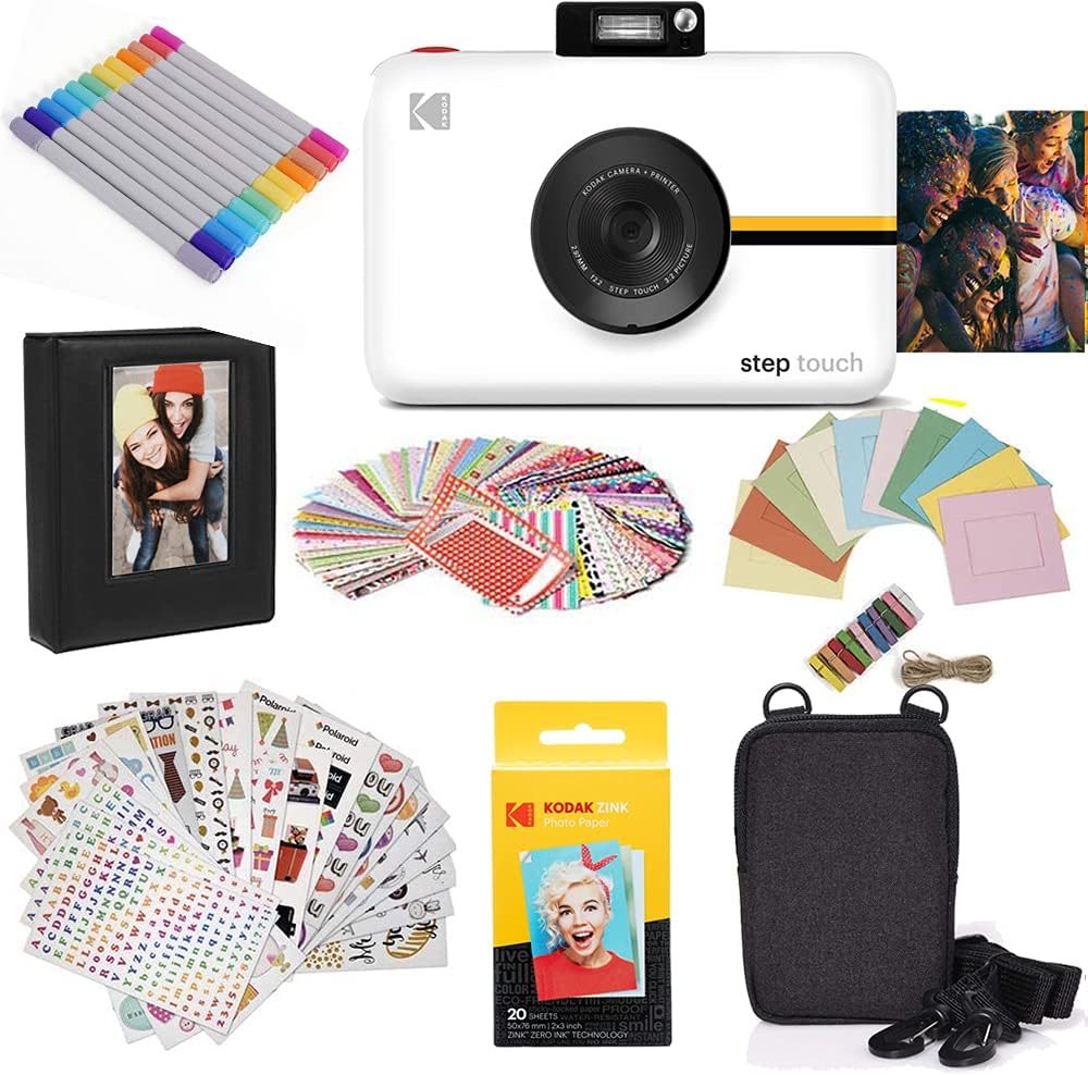 KODAK Step Touch Appareil Photo instantané avec écran Tactile LCD de 3,5 Pouces Blanc Bundle : étui, album, marqueurs, paquet de 20 papiers Zink, autocollants