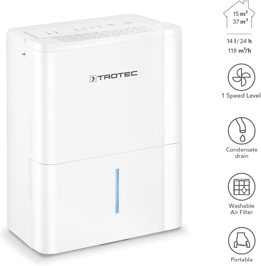 TROTEC Déshumidificateur TTK 32 E Convient pour des surfaces jusqu'à 15m² ou 37m³ Capacité de déshumidification 14L/jour