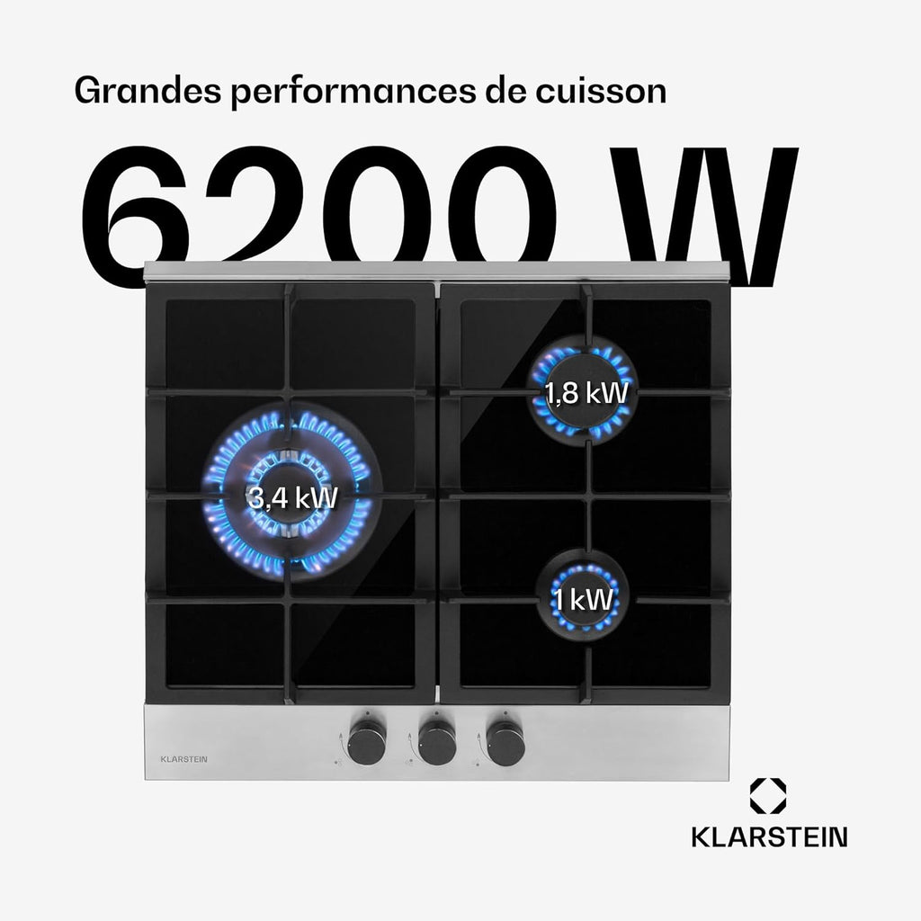 Klarstein Plaque de Cuisson Gaz 3 Feux, Table de Cuisson à Gaz à 3 Brûleurs, 6.2 kW, Piano Cuisine Gaz Encastrable en Acier Inoxydable