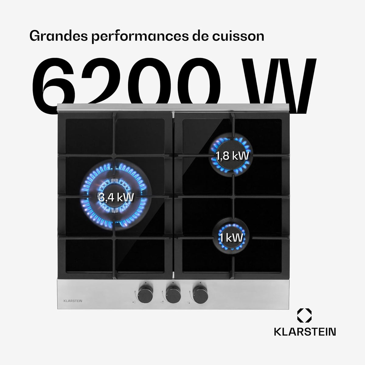 Klarstein Plaque de Cuisson Gaz 3 Feux, Table de Cuisson à Gaz à 3 Brûleurs, 6.2 kW, Piano Cuisine Gaz Encastrable en Acier Inoxydable