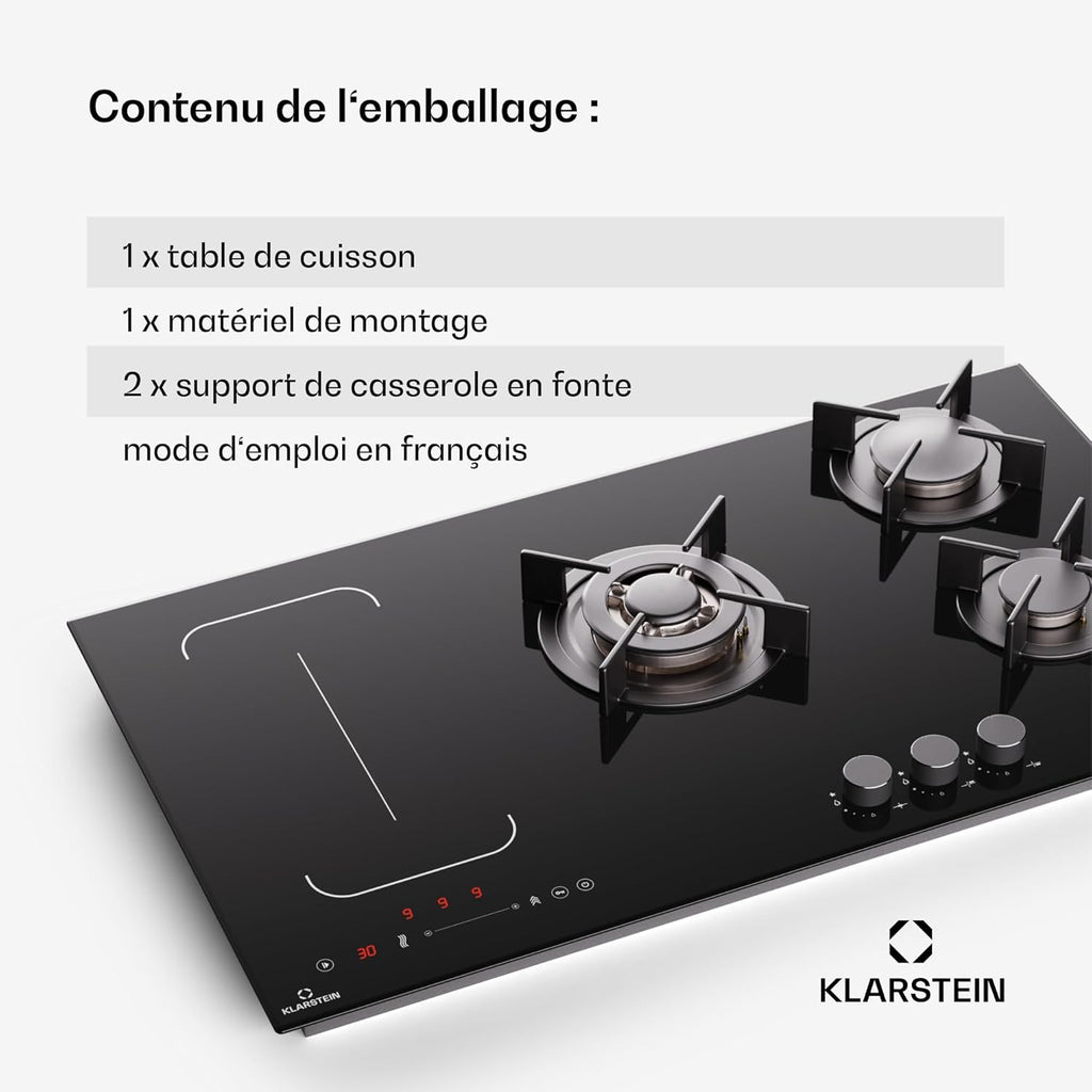 Klarstein MultiChef 5 Plaque Induction Et Gaz - Table De Cuisson À, 5 Zones, Flexzone, Stop&Go, Minuterie, Supports En Fonte, Noir, 87.5Cm