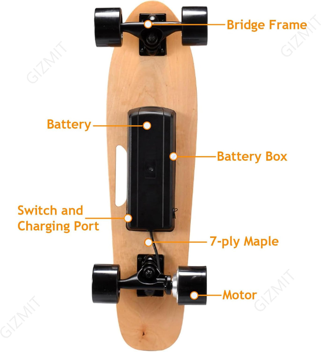 GIZMIT Skateboard électrique Tout-Terrain, Longboard électrique avec télécommande, Moteur de moyeu de 450 W, Vitesse maximale de 24 km/h, autonomie de 13,2 km, 3 Vitesses réglables