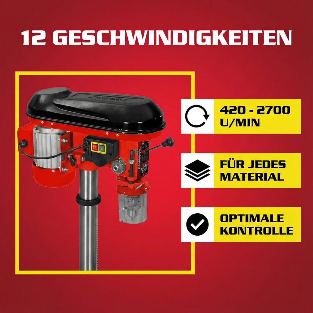 Hecht Perceuse à colonne avec puissance de 600 W - 12 niveaux de vitesse - Table de perçage orientable et réglable en hauteur