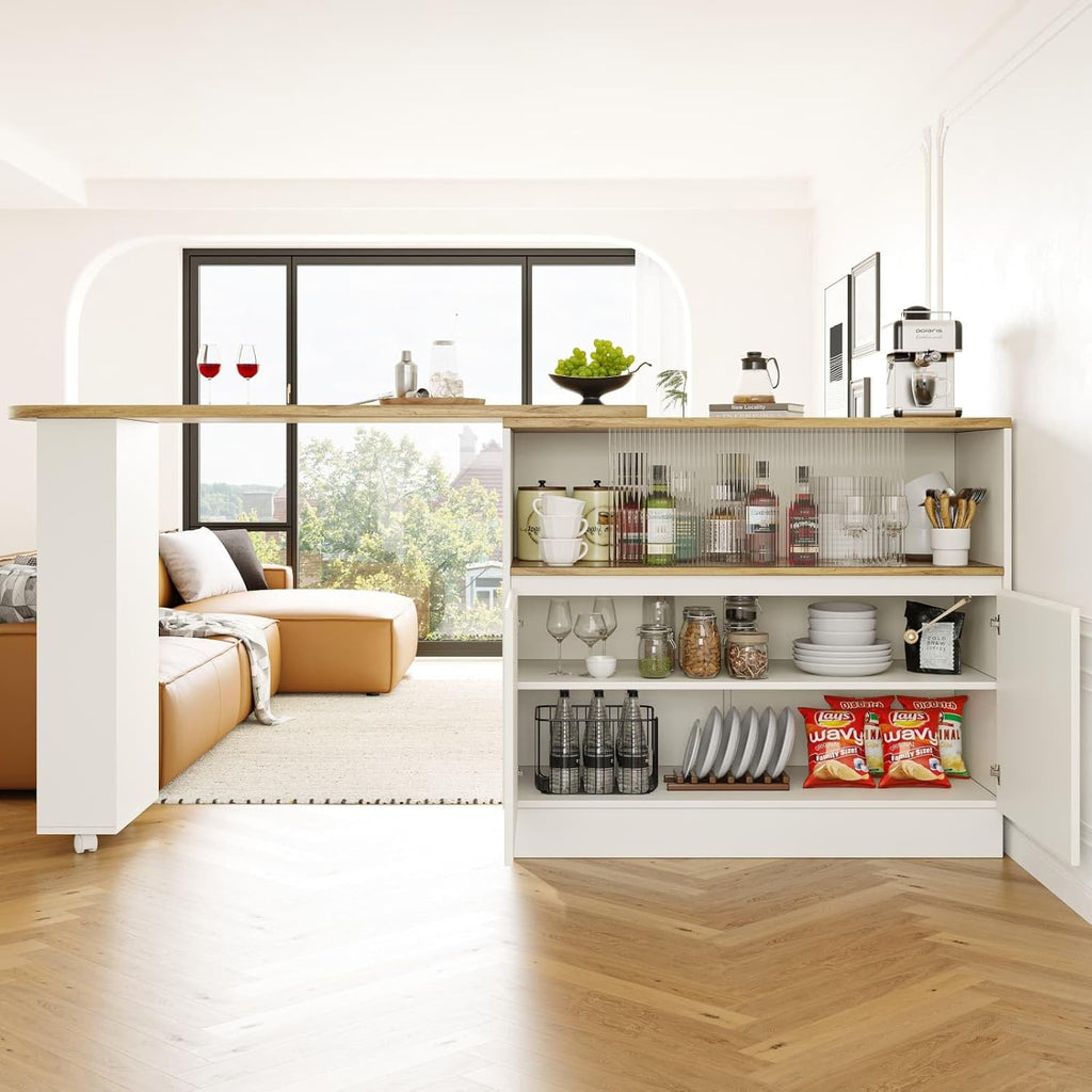 KOMHTOM Table de Bar Extensible avec Espace de Rangement, Meuble Bar avec 2 Portes en Verre, Rotation Libre à 360 °, étagères latérales (Blanc)