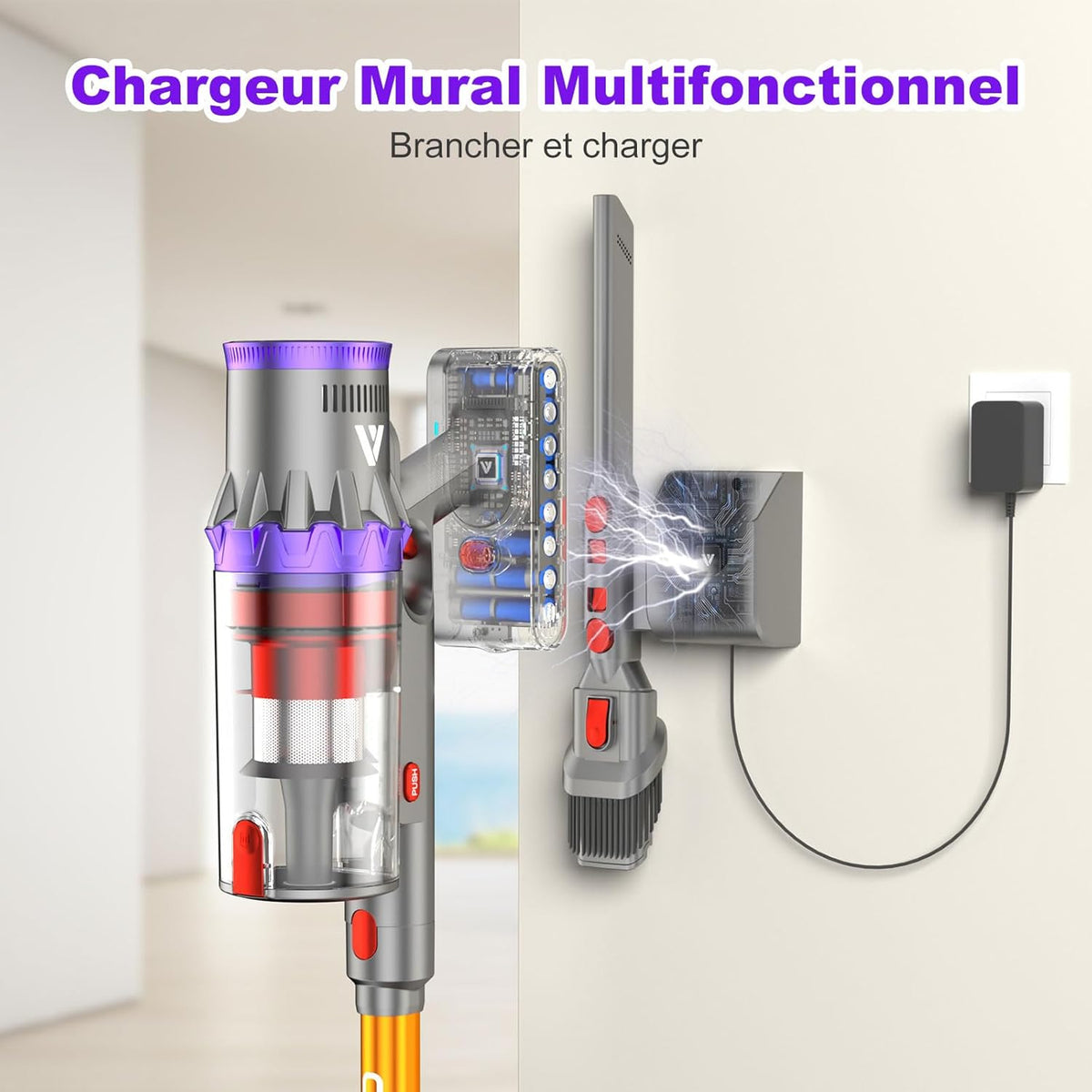 coovy SU7 Aspirateur Balai sans Fil 580W/55Kpa/75Mins, Aspirateur sans Fil Puissant, Chargement Mural, Écrans Tactiles LED, 1,3L Capacité, pour Sols Durs/Tapis/Les Poils d'animaux