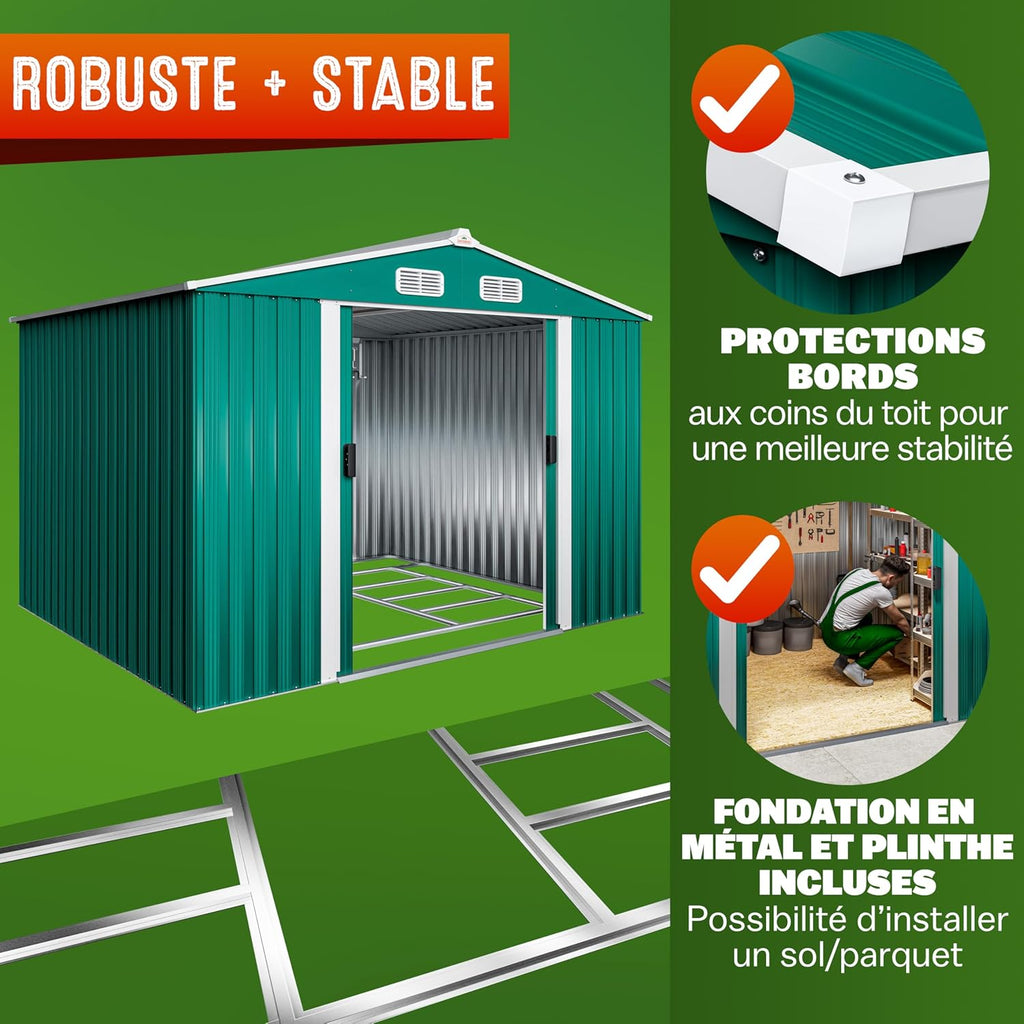 GARDEBRUK Abri de Jardin métal XXL 5m² Fondation 260x205x180cm Porte coulissante Vert cabane de Jardin cabanon Rangement Outils 9m³