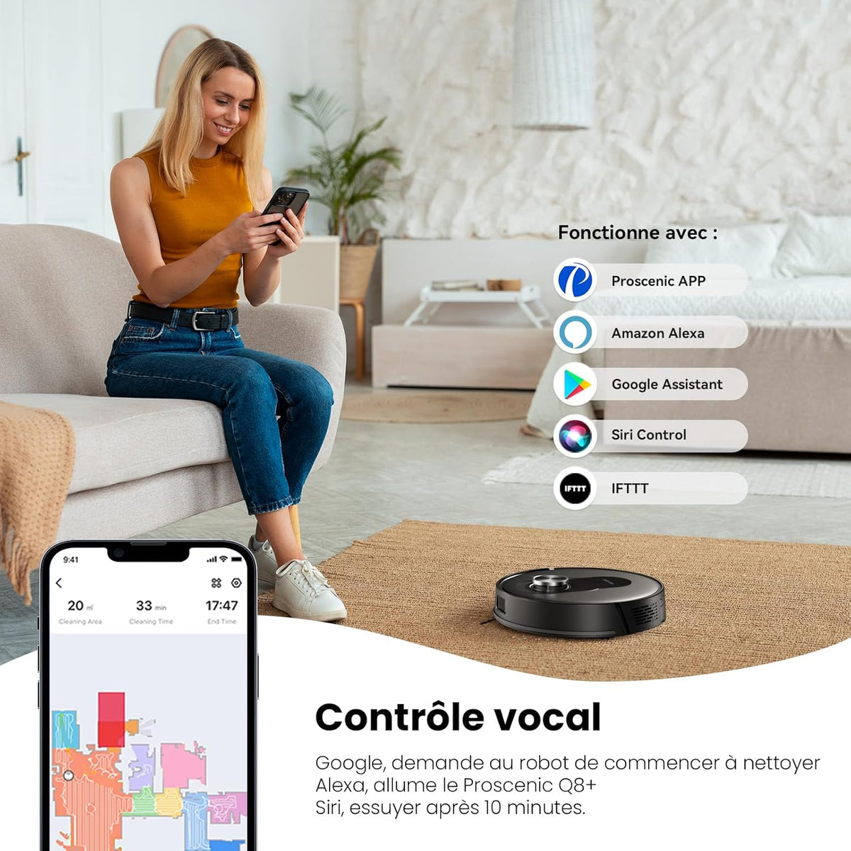Proscenic Q8 Aspirateur Robot,6000Pa 200Mins Robot Aspirateur Laveur avec Serpillière,Navigation Lidar,Multi-étage Cartographie pour Poils Animaux Tapis Sols Durs,Connecté App Alexa Siri IFTTT