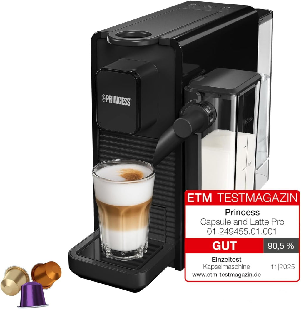 Princess Capsule and Latte Pro Machine à Café à Capsules, Compatible Nespresso, Lait Automatique, 20 Bars, 1400W, Sans BPA, Pièces Lavables, Arrêt Automatique, 01.249455.01.001