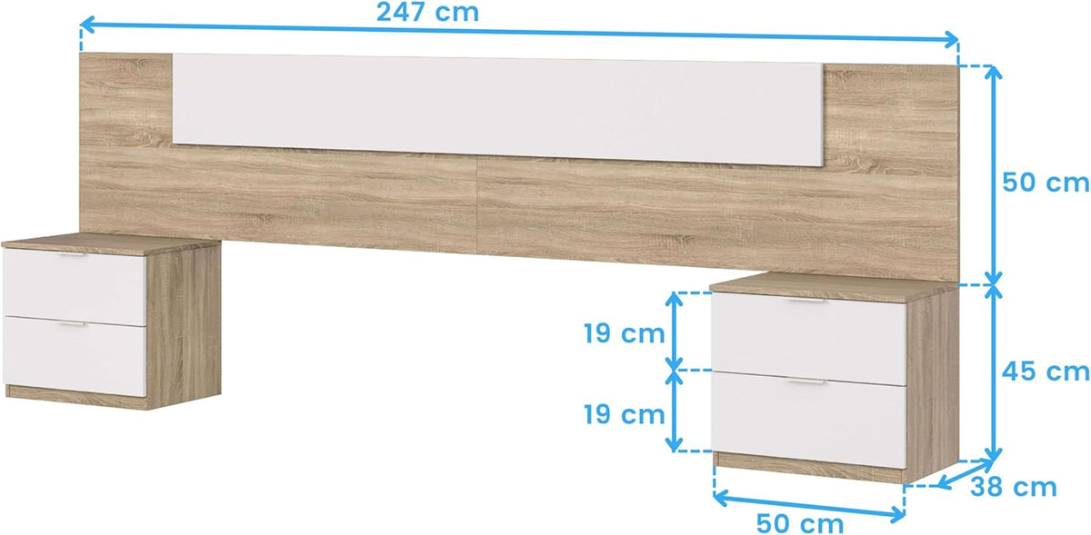 Habitdesign Modèle Alaya Tête de lit et 2 tables de chevet Blanc « Artik » et chêne canadien 247 x 50 x 38 cm