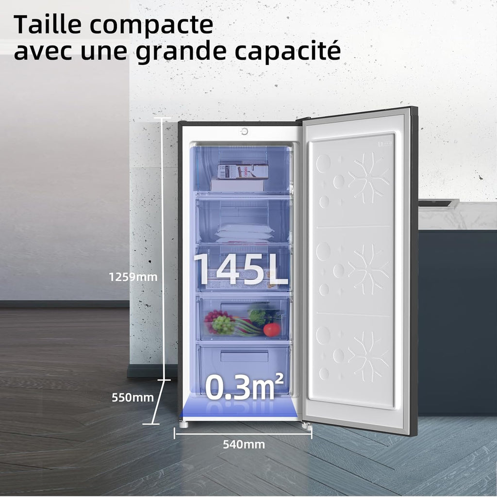 CHiQ Congélateur armoire avec une capacité de 145L, Congélation rapide, Thermostat réglable, Silencieux, Porte réversible, Noir, Classe énergétique E