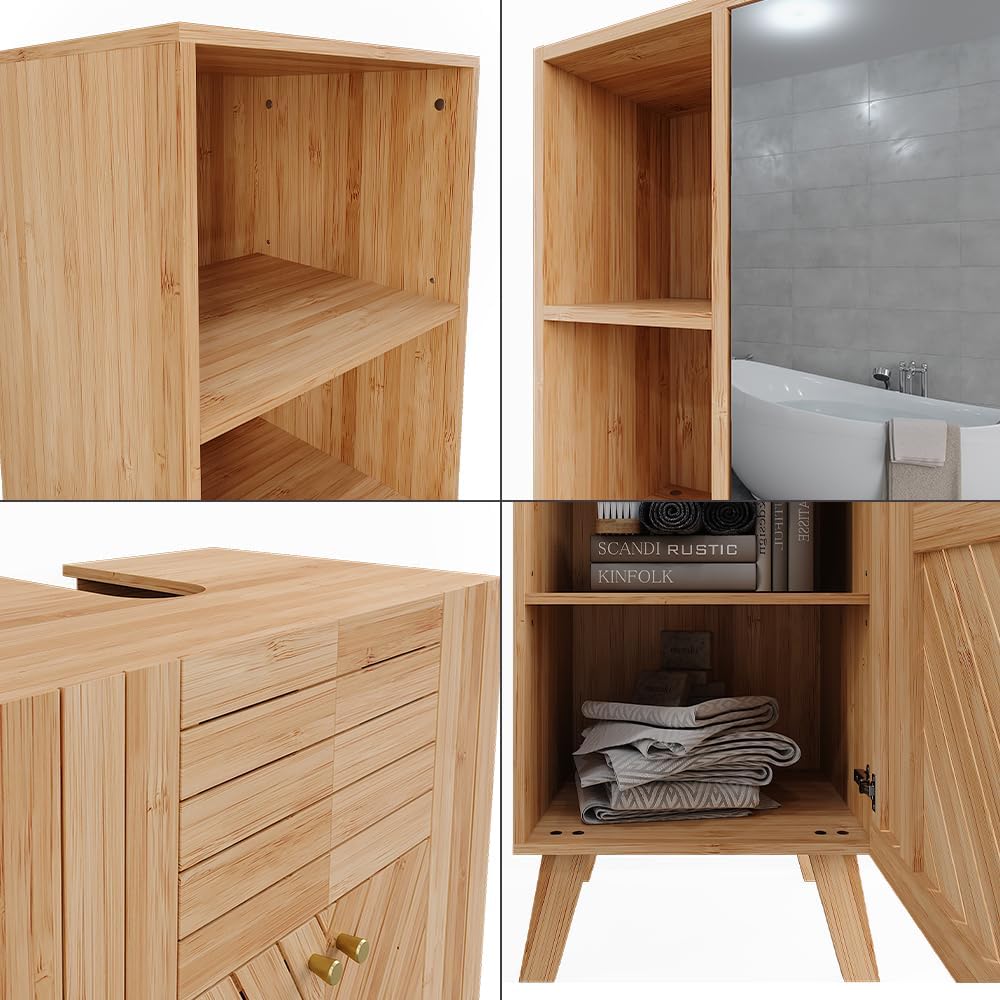 Vicco Ensemble de Meubles de Salle de Bains Lucie, Bambou, 4 pièces, avec Armoire de Milieu et Armoire Haute