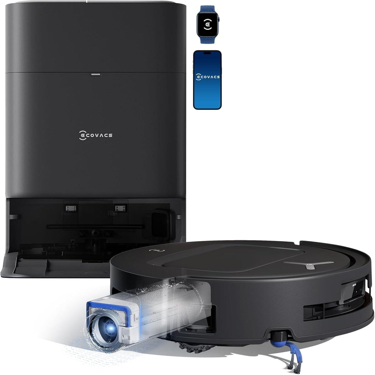 ECOVACS DEEBOT T80 Omni Robot Aspirateur Laveur, 18 000 Pa, Nettoyage Automatique instantané OZMO Roller, ZeroTangle 3.0, Lavage à l'eau Chaude 40-75 ℃, Séchage à air Chaud, Noir