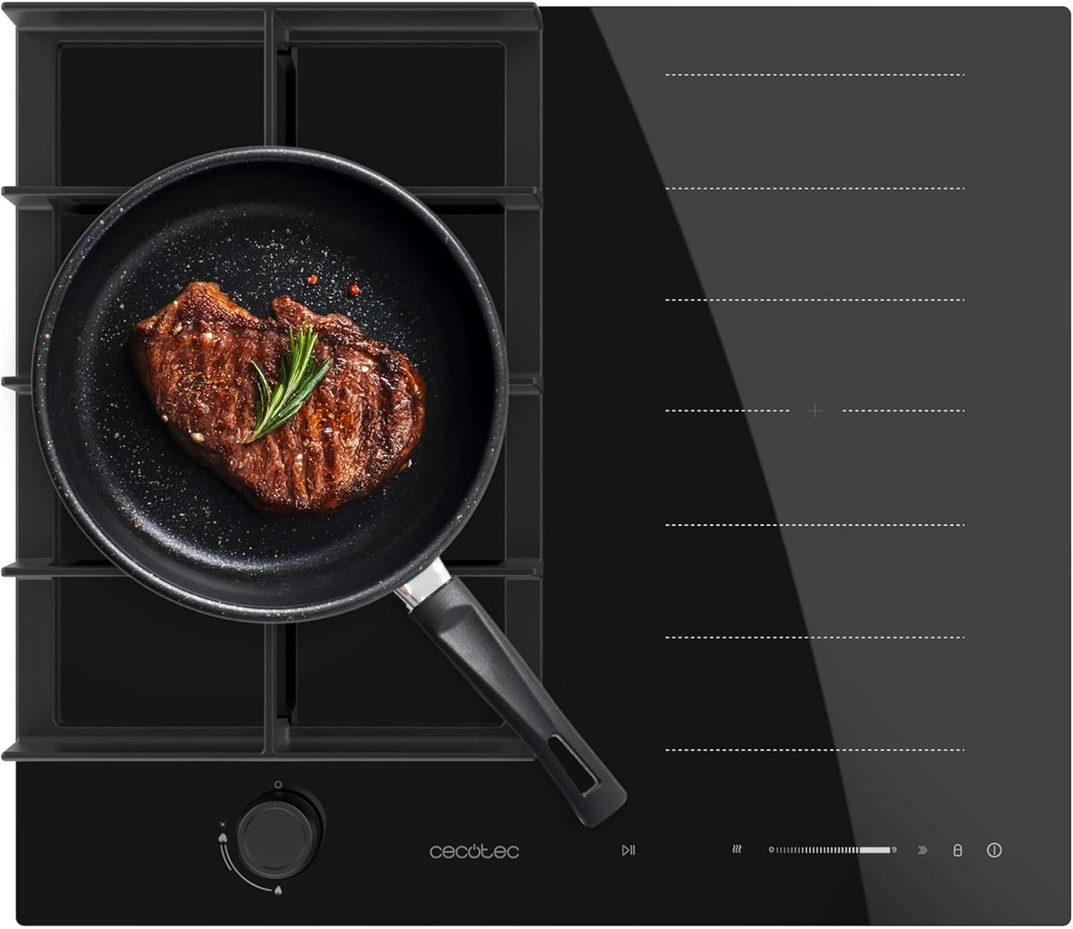 Cecotec Plaque de Cuisson à Induction et à Gaz Bolero Squad Gi 3500 Hybrid Fullflex, 3,4 Kw, 9 Vitesses, Fonctions Booster,Maintien au Chaud et Stop&Go, Zone Fullflex, Système de Sécurité des Valves