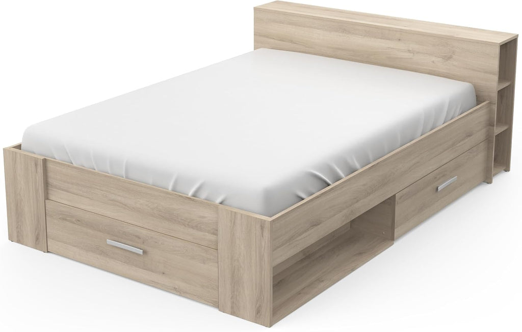 Lit avec Rangement 140x190 Style Contemporain 3 Tiroirs - Coloris Chêne - 150,1 x 217,1 x 74,3 cm