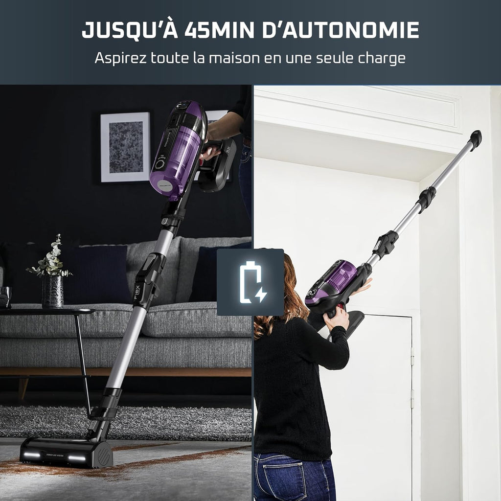 Rowenta X-Force Flex 12.60 Allergie Aspirateur Balai sans Fil, Filtration Anti-Allergènes, Puissant 150AW, Autonomie 45min, Station d'accueil RH98A0WO, Violet et Aluminium