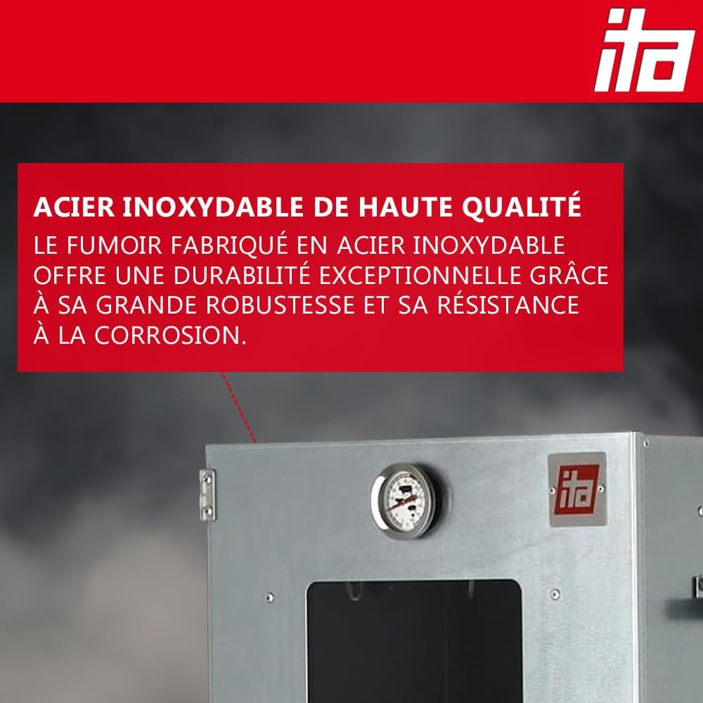 ITA Fumoir Électrique 7002 - Set Smoker avec chauffage, générateur de fumée - Armoire à fumage avec fenêtre & thermomètre - Acier inoxydable - Qualité UE, Direct fabricant - 81 cm avec 3 niveaux