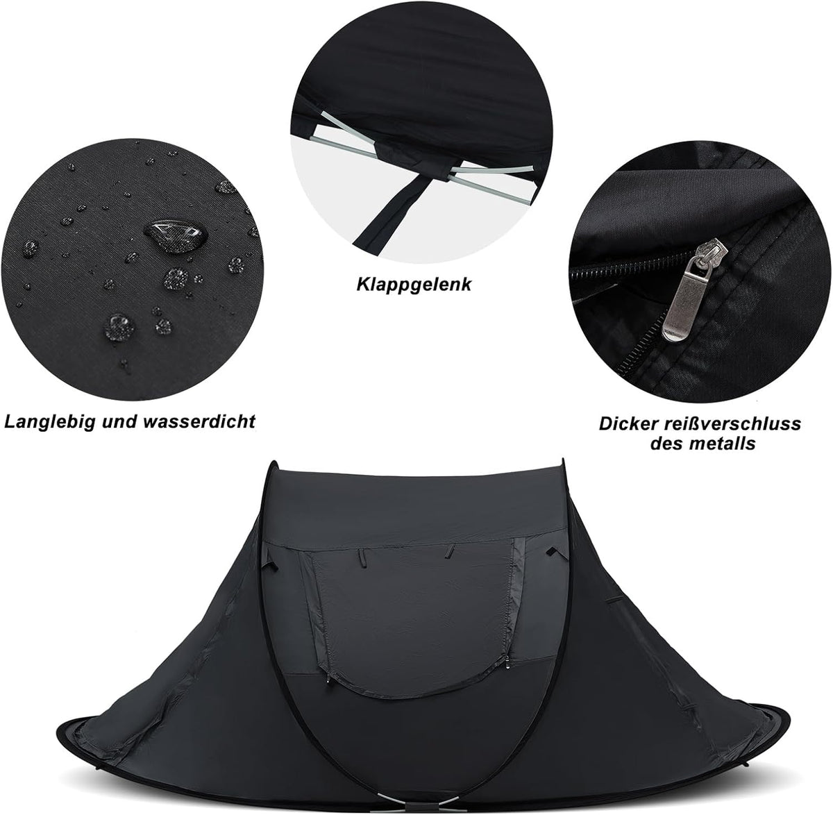 CLIPOP Tente de plage pliable à ouverture rapide pour 1 à 3 personnes, UPF 50+, abri solaire imperméable pour camping, pêche, pique-nique, plage (245 x 145 x 100 cm, noir)
