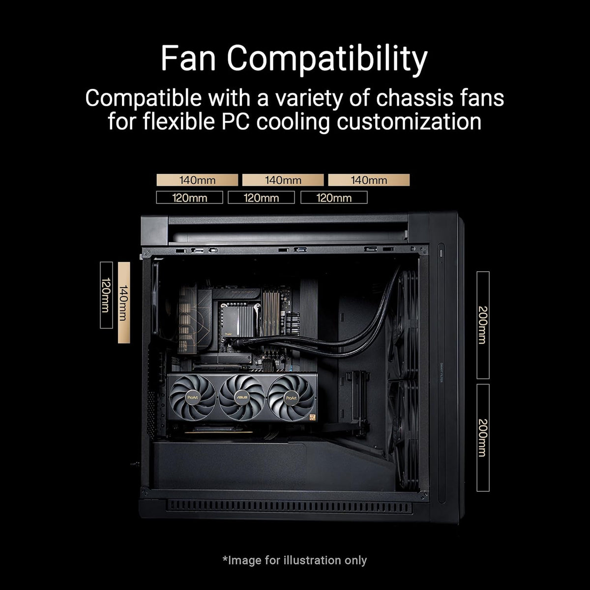 ProArt PA602 Wood Edition Paneau en Verre trempé – Boîtier PC E-ATX (Support de radiateur de 420 mm, Un Ventilateur système préinstallé de 140 mm + 2 x 200 mm, Montage sans Outil, USB 20 Gbit/s)
