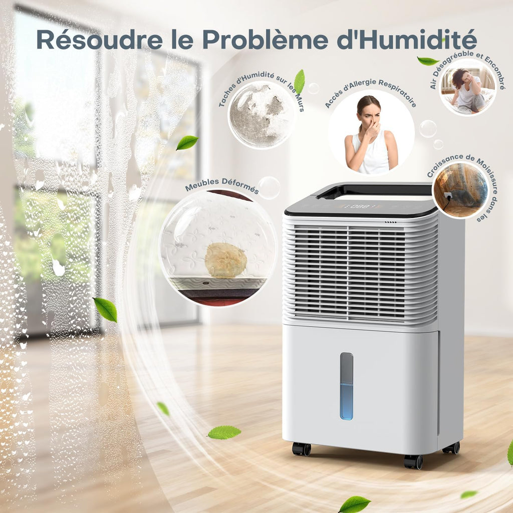 Deshumidificateur d air 16L/jour, Déshumidificateur de Chambre Ultra-silencieux, Contrôle Central Intelligent, Mode AUTO, Indicateur d'humidité, Minuterie 24H, Plus Puissant, Plus Efficace