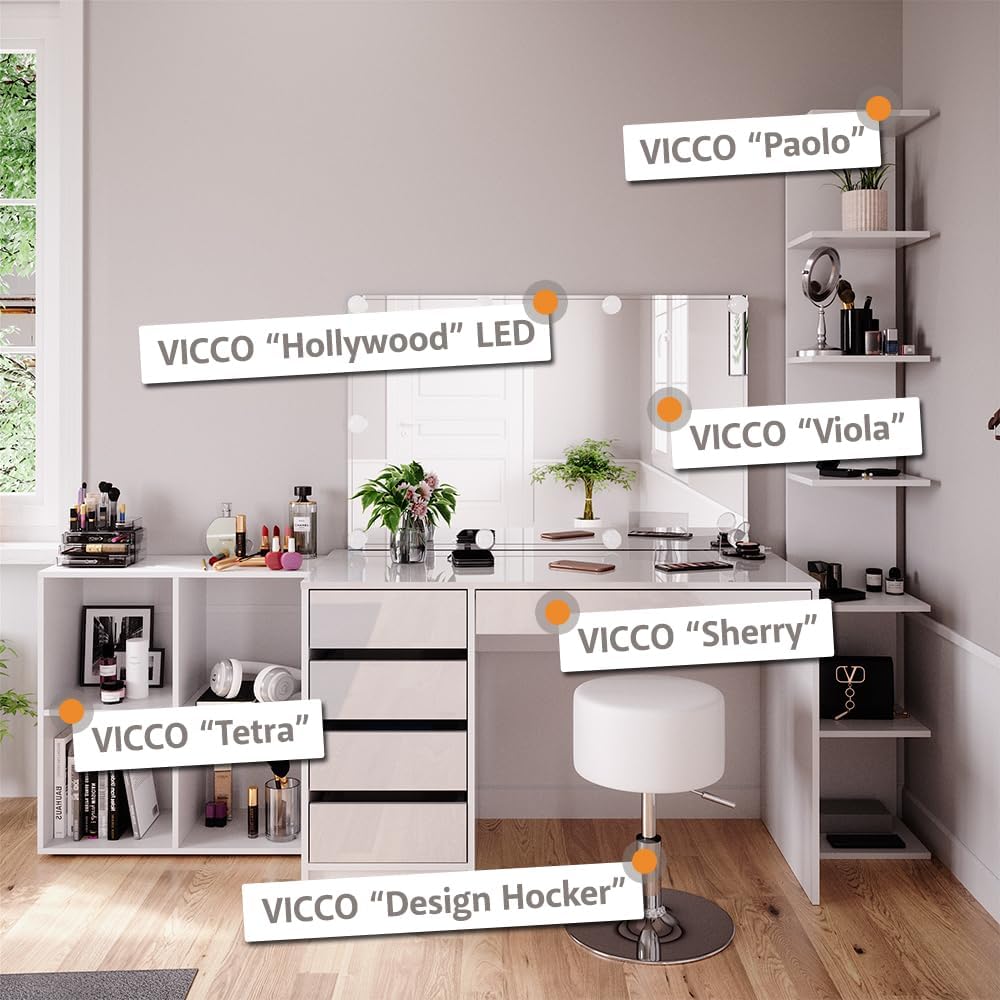 Vicco Coiffeuse Sherry, Blanc, 120 cm avec éclairage LED