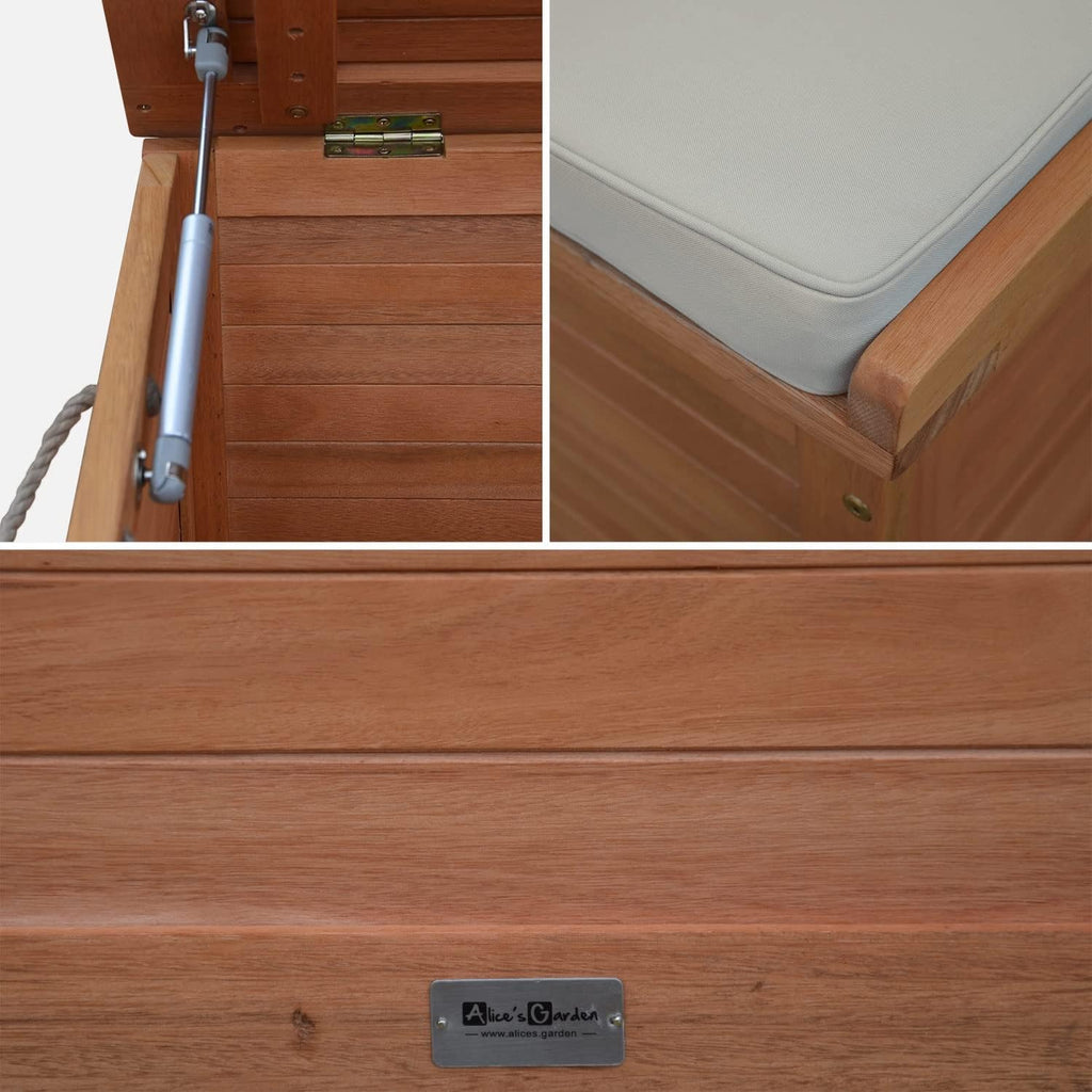 Alice's Garden - Coffre de jardin 200L en bois - Caja beige - 125x60cm rangement coussins avec 2 vérins et poignées