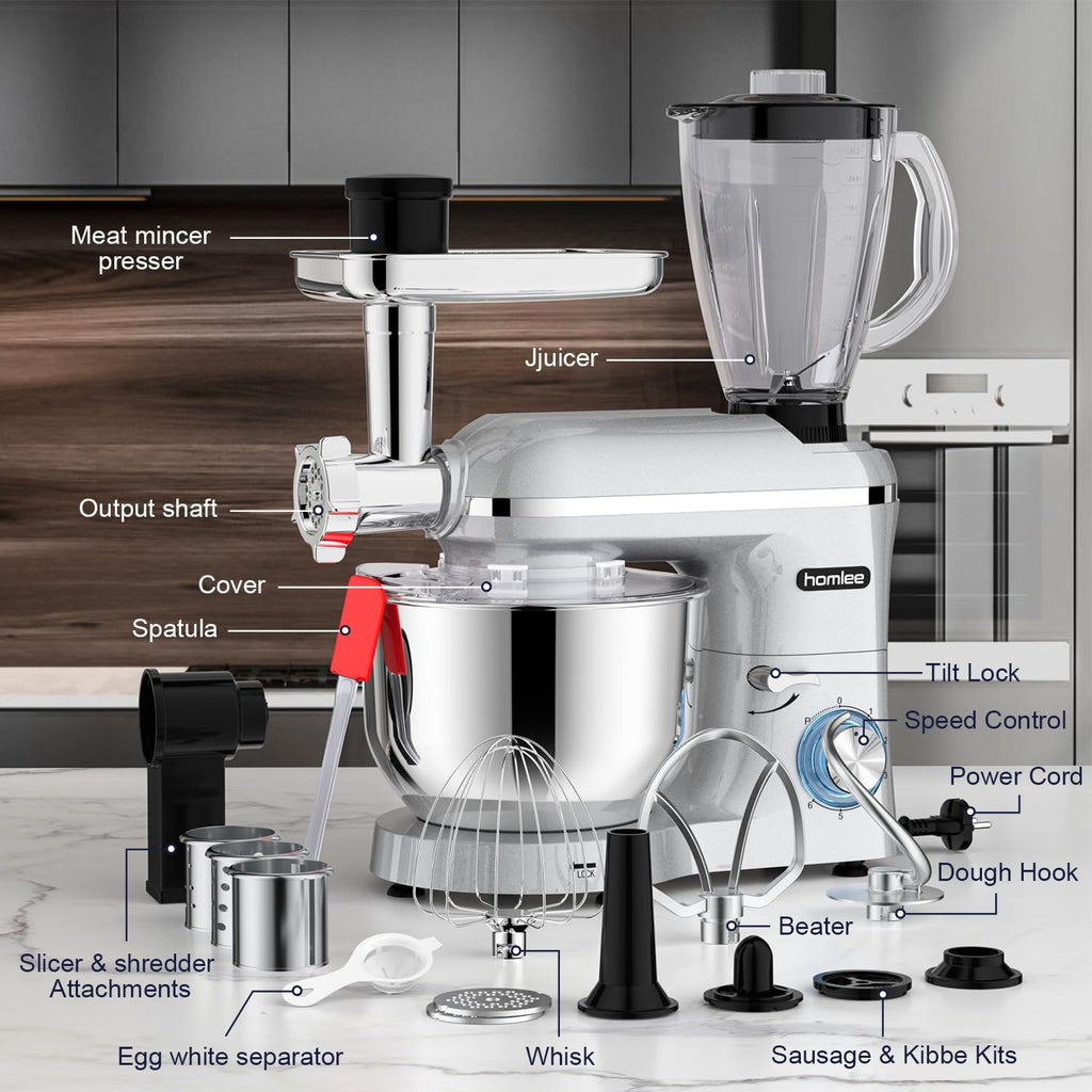 Homlee 3 en 1Robot Pâtissier 2000W Robot Patissier Multifonctions, avec Hachoir à Viande 1,5L Électrique de Jus,5.5L Bol Mélangeur,Fouet,Crochet Pétrisseur,Batteur